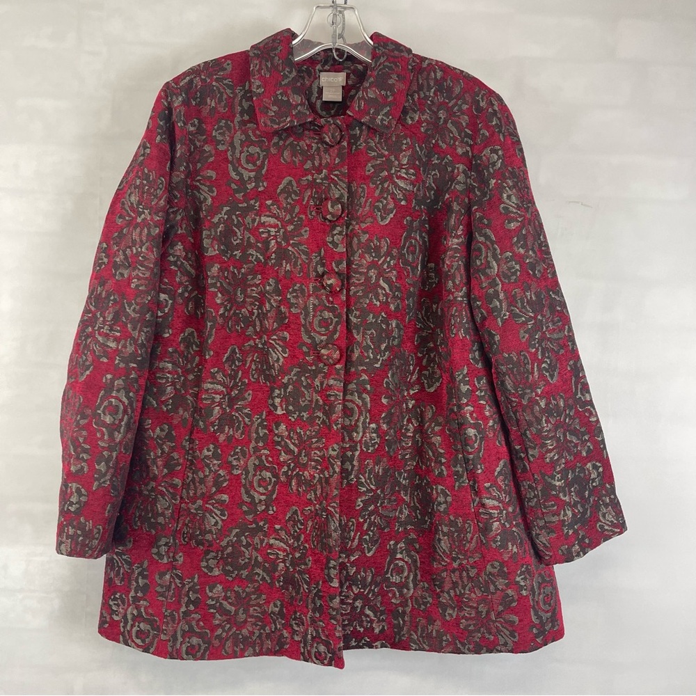 Chico’s Petite Jacquard Jacket 2P US 12/14P Red Black Floral Lined‎ Blazer